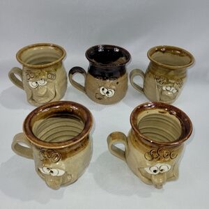 Pretty Ugly Pottery Set 5 Mugs Vintage Goblin Face made Wales